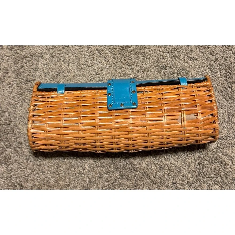 Michael Kors Wicker Straw Clutch Bag Turquoise Blue Leather Gold Turn Lock